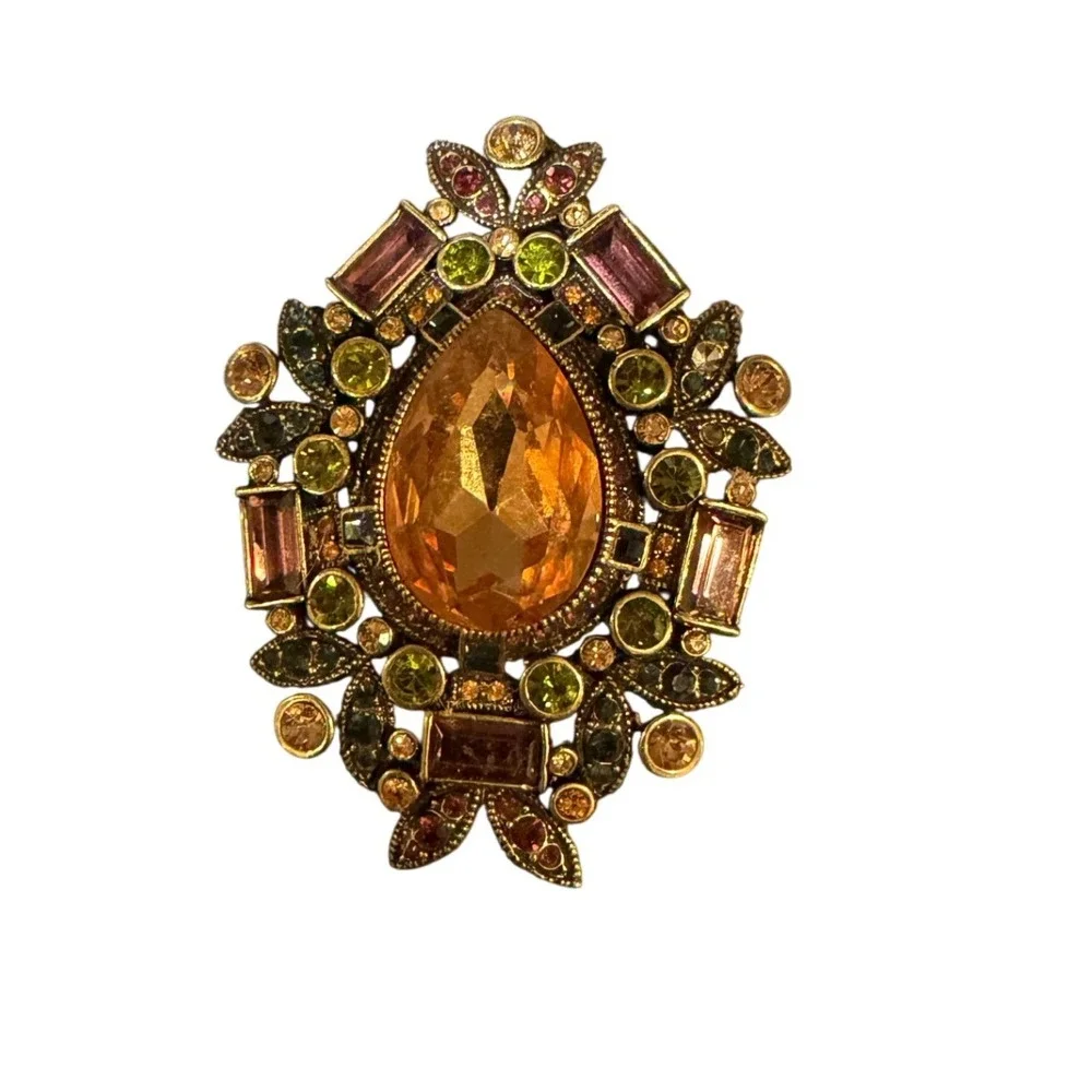 Heidi Daus Amber Crystal Statement Brooch Multi-Color Rhinestone Pendant Bronze